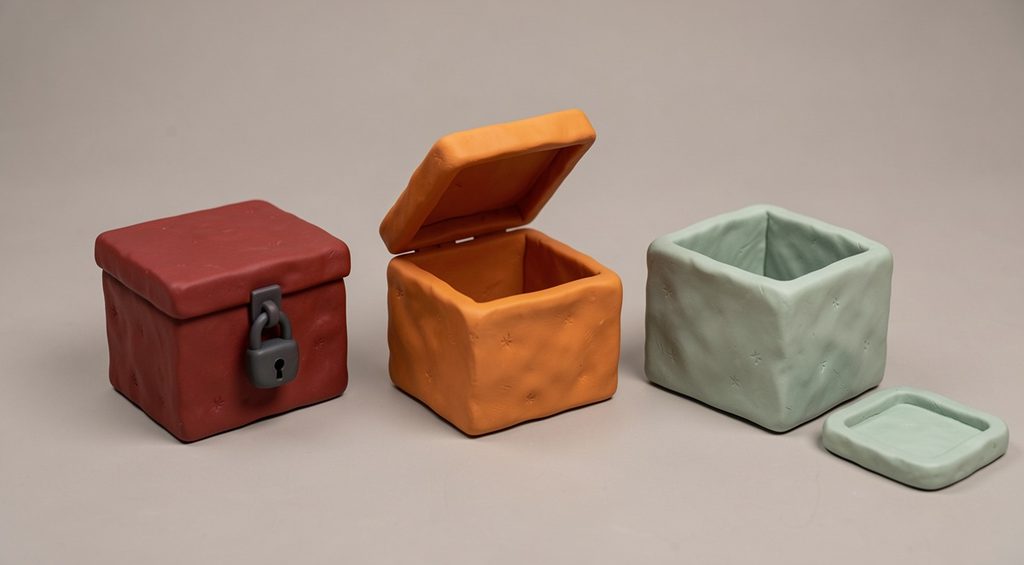 Trois boîtes en pâte à modeler, la rouge cadenassée, l'orange entrouverte, la verte sans couvercle.