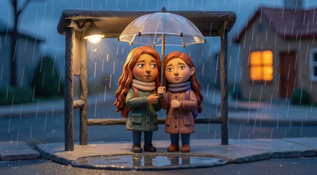 Deux sœurs adolescentes serrées sous un parapluie à un arrêt de bus sous la pluie, pâte à modeler