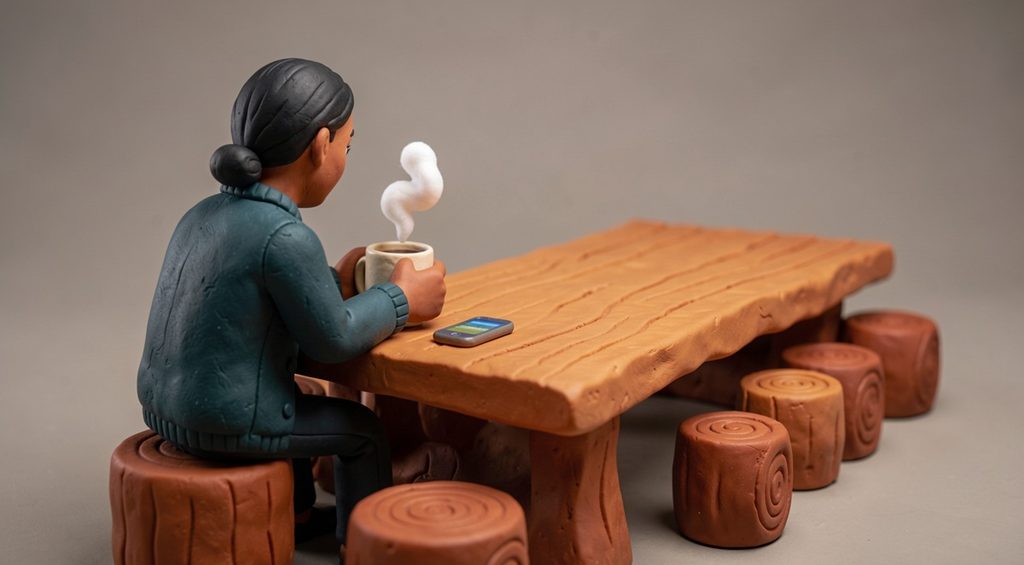 Femme seule à une grande table en bois massif, une tasse fumante entre les mains, le tabouret en face d'elle est vide. Scène en pâte à modeler.