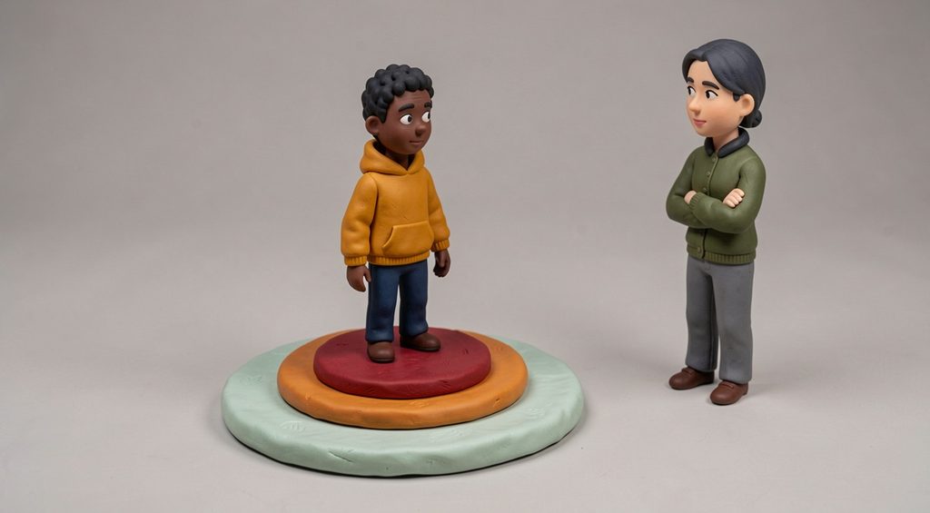 Trois disques de pâte à modeler empilés, vert, orange et rouge, un adolescent debout au centre qui regarde sa mère restée à l'écart. Scène en pâte à modeler.