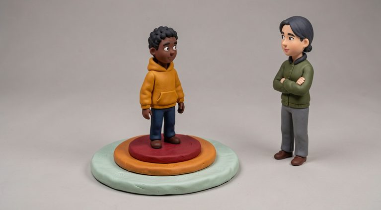 Trois disques de pâte à modeler empilés, vert, orange et rouge, un adolescent debout au centre qui regarde sa mère restée à l'écart. Scène en pâte à modeler.
