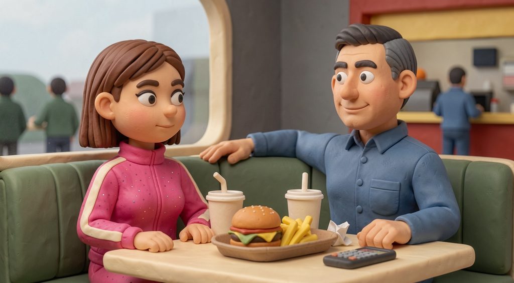 Un père et sa fille adolescente assis côte à côte dans un fast-food, regardant tous les deux vers la vitre. Scène en pâte à modeler.