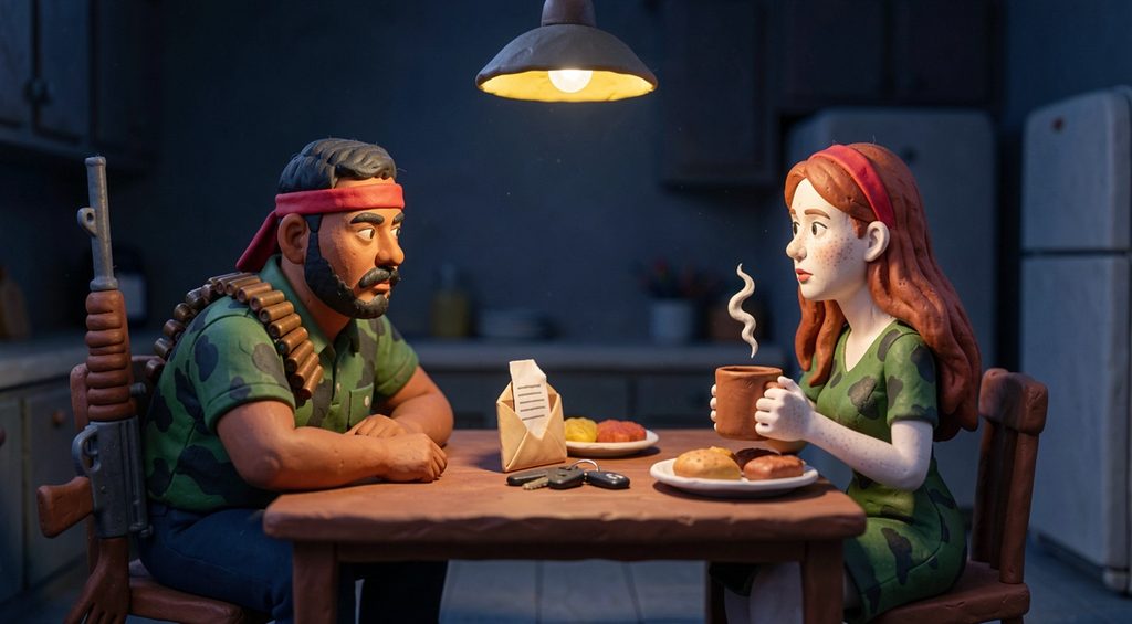 Parents épuisés affalés à la table de cuisine la nuit, scène en pâte à modeler