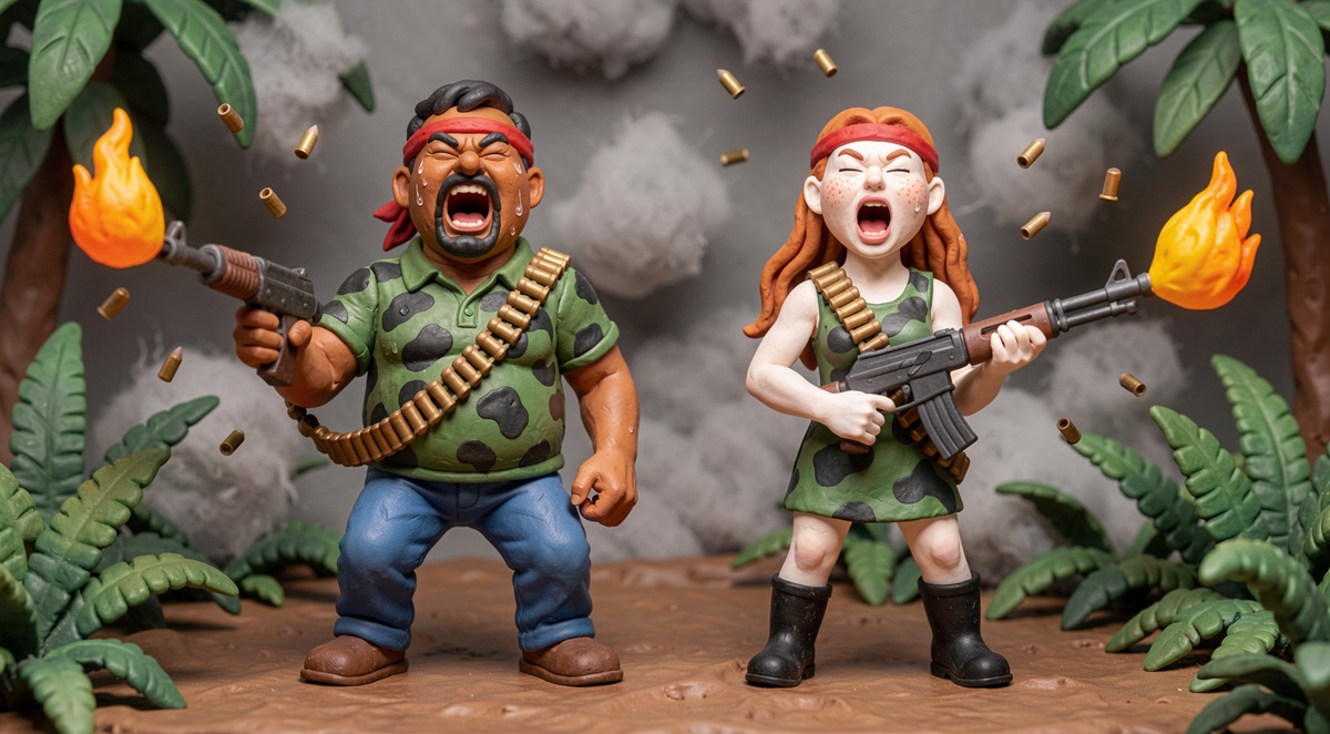 Parents en pâte à modeler hurlant en tenue de camouflage dans la jungle, parodie de film d'action