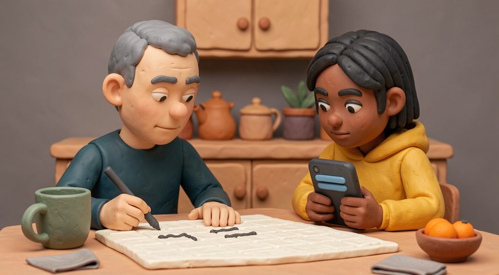 Un père note un rendez-vous sur un calendrier posé sur la table de cuisine pendant que sa fille adolescente regarde la date pour l'enregistrer dans son téléphone. Scène en pâte à modeler.