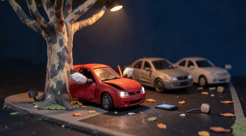 Voiture rouge accidentée contre un platane la nuit, diorama en pâte à modeler