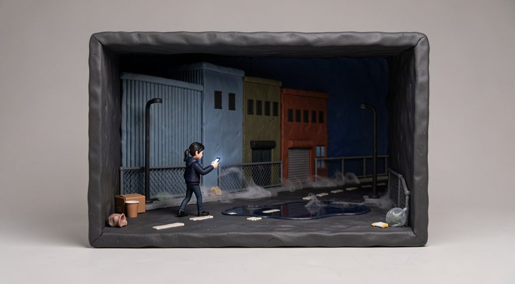 Adolescente minuscule marchant seule la nuit dans une zone industrielle, éclairée par son téléphone, entre des hangars qui la dominent. Diaporama en pâte à modeler.