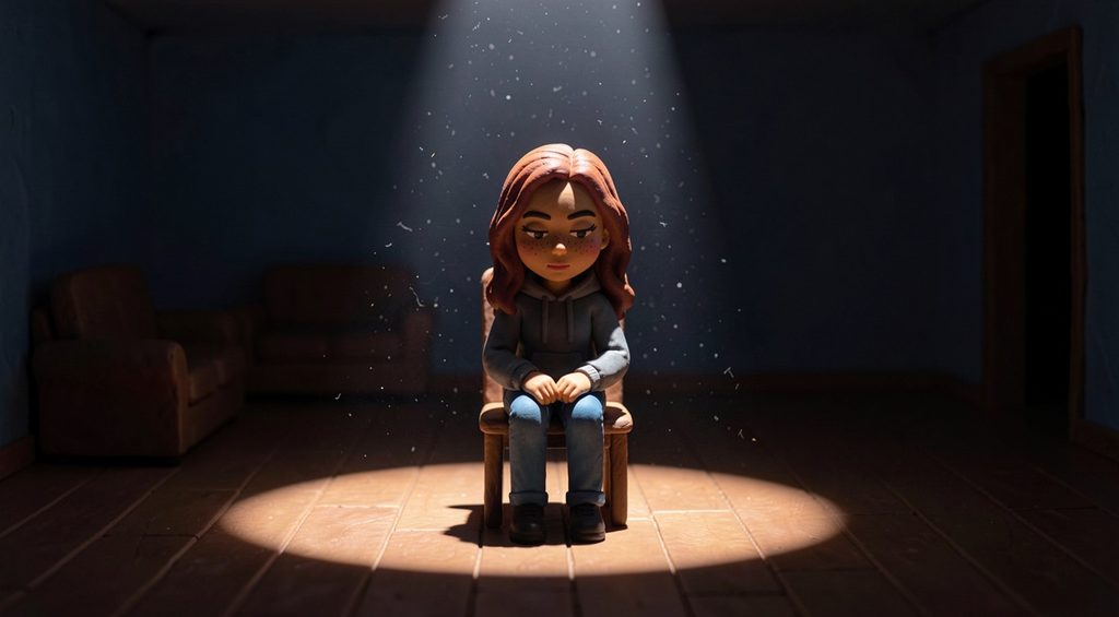 Adolescente seule sur une chaise sous un projecteur dans une pièce sombre, pâte à modeler